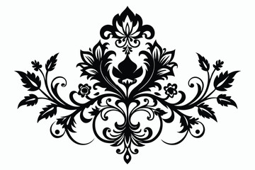 Symmetrical Floral Damask Pattern Illustration in Black, Featuring Flowers, Leaves, and Ornate Details