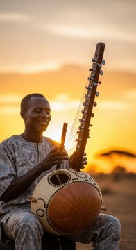 African male musician playing traditional kora at sunset