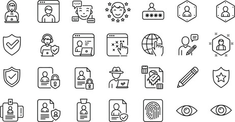 User Security and Digital Identity Line Icons Set Hacking, Privacy, Password, Authentication, Profile, Biometrics, Data Protection, and Online Safety Symbols for Web and IT