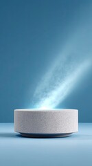 Round Textured Pedestal with Blue Light and Fog