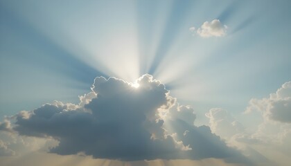Witness a powerful and calming visual as the sunlight pierces through a formation of clouds, illuminating the sky with golden brilliance. The warm sun rays cascade down in beams, highlighting the dept