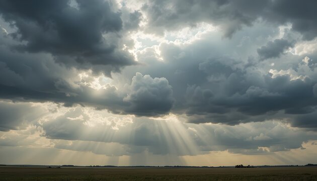 Capture the breathtaking moment when the sun breaks through a layer of clouds, sending radiant sunbeams across the blue sky. This natural phenomenon, often referred to as “God rays” or crepuscular