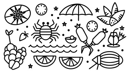 Summer Beach Icon Set: A collection of summer-themed line icons, including beach umbrella, crab, fruits, cocktail, and more, perfect for websites, applications, or any summer-related projects.