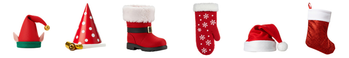Christmas clothing accessories set including hat, boot, and stocking  
