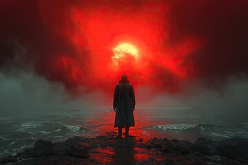Silhouette of a Person in a Long Coat Standing on a Wet Surface During a Red Fog Burst
