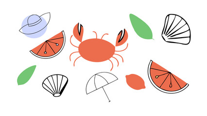 Fototapeta premium Summer Beach Theme: Playful illustration depicts a fun and relaxing summer beach scene, featuring crab, watermelon, sun hat, umbrella, seashell, and leaves, conveying the essence of seaside leisure.