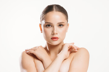 Skin care. Woman with healthy facial skin on isolated background. Beautiful model girl with natural...