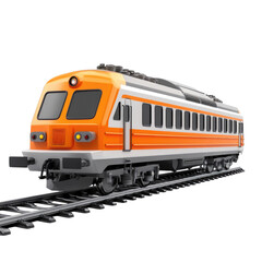 Fototapeta premium Bright orange passenger train model passing along the railway on a transparent background, cutout PNG