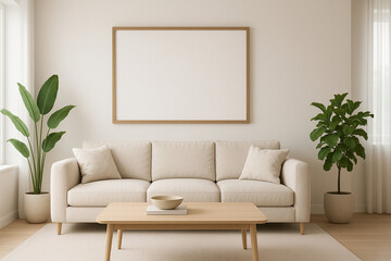Blank frame mockup hanging on a central wall in a modern, bright living room with a sofa and houseplants.