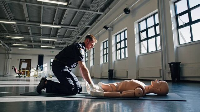 CPR training demonstration with a mannequin in a spacious training facility at midday