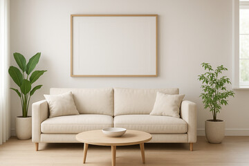 Blank frame mockup hanging on a central wall in a modern, bright living room with a sofa and houseplants.