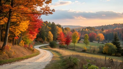 Obraz premium Serene Autumn Country Road Vibrant Fall Foliage and Scenic Landscape