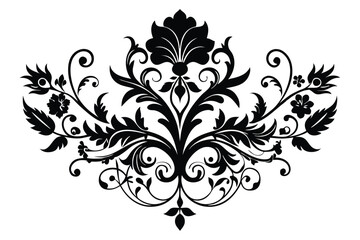 Elegant Damask Design Intricate Floral and Scrollwork Vector Graphic in Black Silhouette