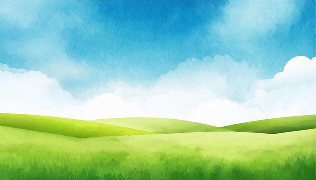 abstract summer landscape watercolor background with blue sky white clouds and green field watercolor illustration for interior flyers poster cover banner modern gradient painting by vita