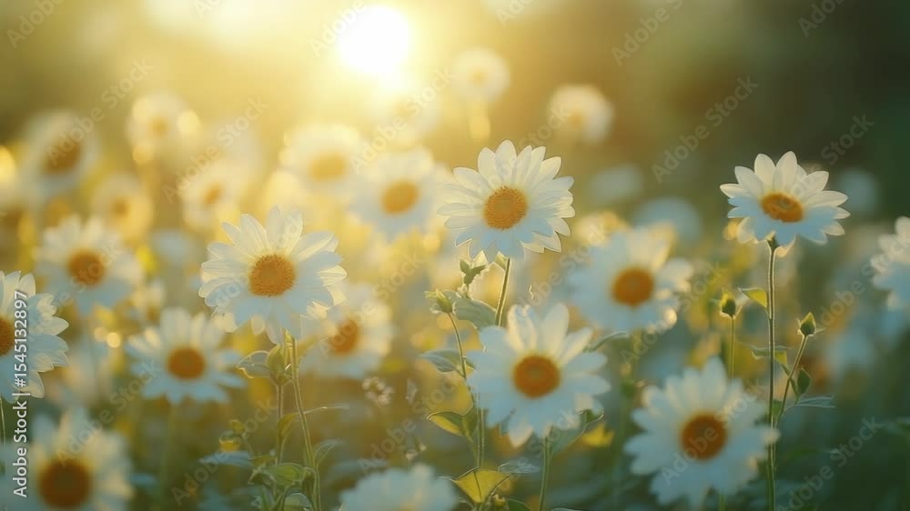 Poster sunlit daisy field in bloom with golden light creating a serene atmosphere