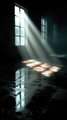 Sunlit Rays in Dark Room with Reflective Wet Floor