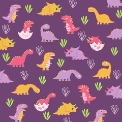 purple seamless dinosaur pattern cute design illustration for kids apparel
