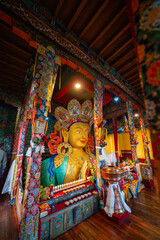 Colourful sculpture of Maitreya Buddha at Thiksey monastery in Ladakh, India.This is the awe-inspiring statue of Maitreya Buddha, the Buddha of the Future. A symbol of compassion and hope.