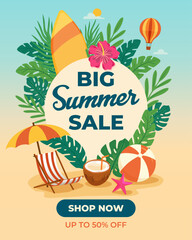 Summer sale design with flower and exotic leaves on beach background. Tropical Floral Vector Illustration with Special Offer Typography for Coupon, Voucher, Banner, Flyer