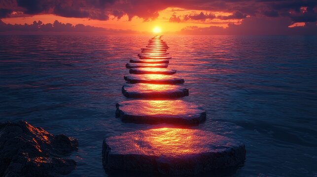Surreal Glowing Blue Horizon with Steps Leading to Sunset