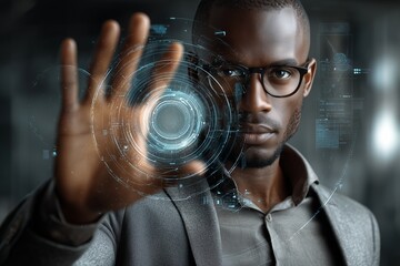 African American professional using holographic AI panel – AI-generated business image