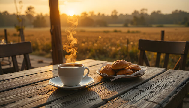 Distressed wooden cafe table with coffee pastries at sunrise in country