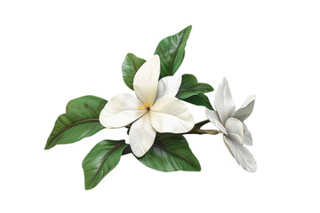 Fototapeta premium Beautiful white magnolia flowers with green leaves arranged elegantly on a png background