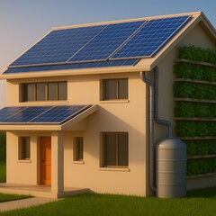 Fototapeta premium Modern Eco-Friendly House with Solar Panels and Green Features