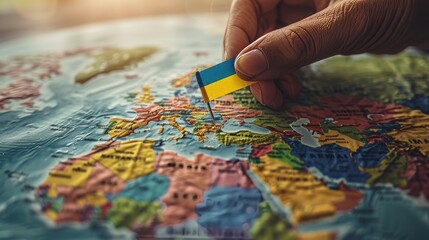 A symbolic close-up of a hand placing a Ukrainian flag pin on a world map