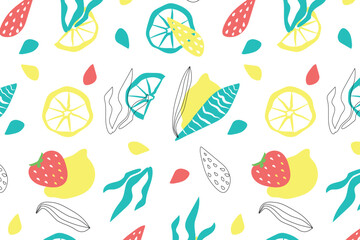 Abstract Summer pattern with Fruits and Plants on White Background