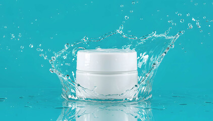 White cream jar in water splash with 3D product