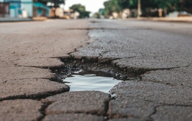 A close-up of a pothole in the middle of the road