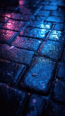 Wet Cobblestone Street at Night with Blue and Pink Neon Glow