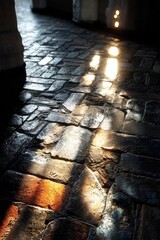 Wet Cobblestone Pavement with Backlit Spotlight Effect