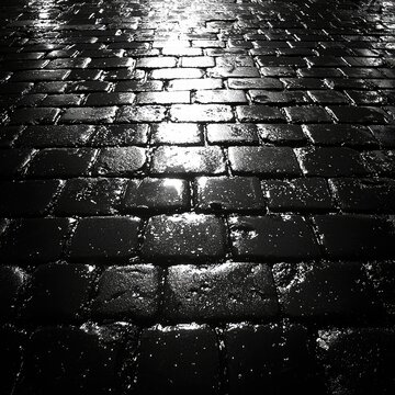 Fototapeta Wet Cobblestone Pavement at Night Low Key Lighting