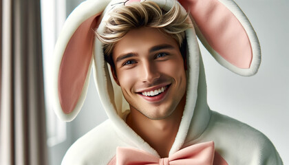 A cheerful young man wearing bunny ears and a costume, smiling warmly. Captures playful spirit, youthful energy, and casual style in a bright, friendly indoor portrait perfect for festive themes.