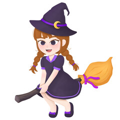 Cute Witch Girl Flying on a Broomstick Halloween