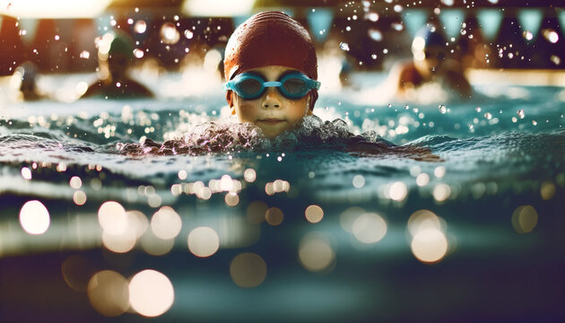A focused child swimming in a pool wearing goggles and a swim cap. Aquatic sports, childhood fitness, summer activities, swimming lessons. Healthy lifestyle commercial projects.