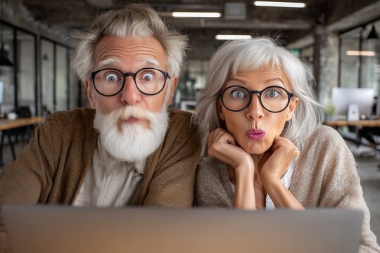Senior couple learning AI software in office – inclusive workplace – AI-generated image