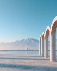 White Stone Arches Framing Distant Mountains and Calm Water
