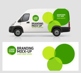 Green Branding wrap design for Company Van, Delivery Truck. Brand identity design of abstract green circles shape decal for transport. Branding vehicle. Horizontal AD banner. Editable vector template © VRTX
