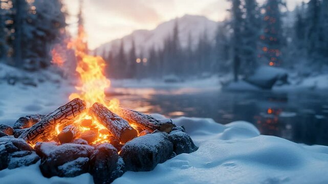 Bonfire in a snowy winter landscape by a river