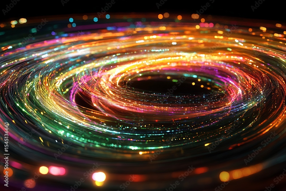 Poster abstract colorful swirl of light trails in circular motion on dark backdrop for technology concepts