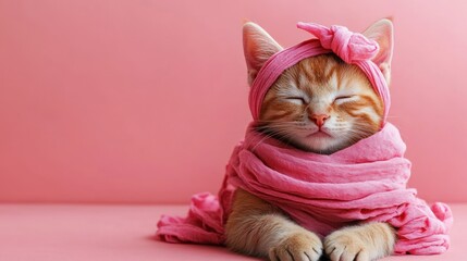 Cute ginger kitten wearing pink scarf and headband, sleeping peacefully on pink background.
