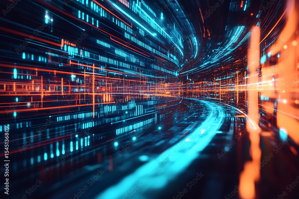 Poster abstract technology tunnel with digital data flow and futuristic network connection