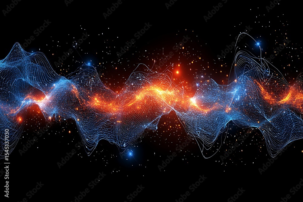 Poster abstract technology background with digital wave and glowing particles on black backdrop
