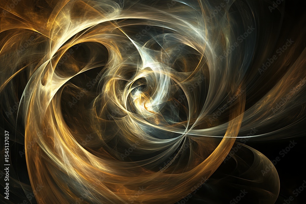 Poster abstract fractal design with swirling gold and silver patterns against a dark background