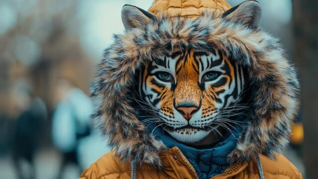 Close-up portrait of a young girl wearing a cozy tiger mask hat and yellow jacket, representing quadrobics culture and childlike imagination in a whimsical autumn setting