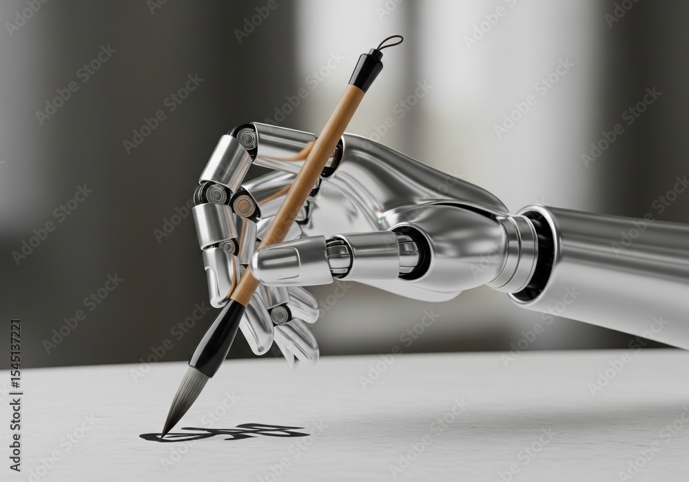 Poster ai robot hand writes calligraphy. a sleek mechanical appendage adeptly creates beautiful brushstroke