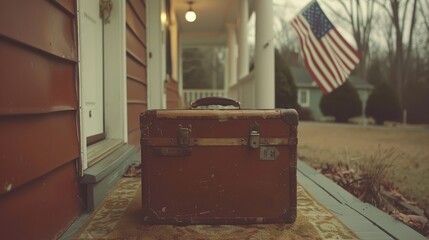 A suitcase left at the edge of a doorstep with a faint American flag in the background